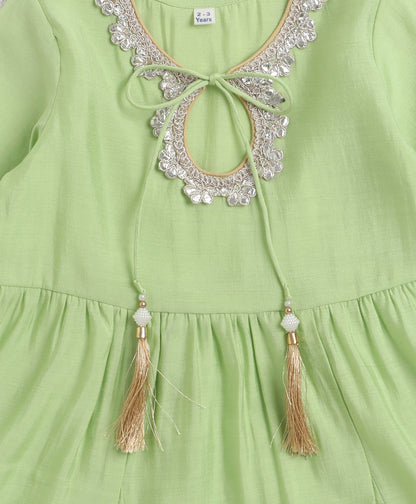 The Magic Wand Woven Three Fourth Sleeves Laced Anarkali Kurta Pant Set With Dupatta - Green