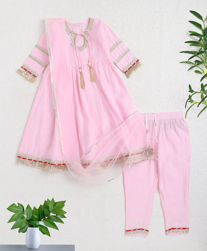 The Magic Wand Woven Three Fourth Sleeves Laced Anarkali Kurta Pant Set With Dupatta - Pink