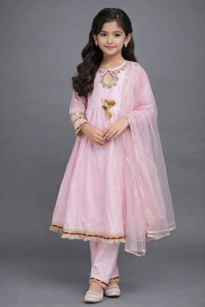 The Magic Wand Woven Three Fourth Sleeves Laced Anarkali Kurta Pant Set With Dupatta - Pink