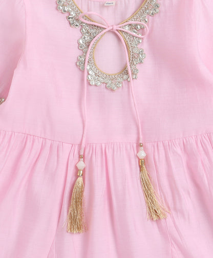 The Magic Wand Woven Three Fourth Sleeves Laced Anarkali Kurta Pant Set With Dupatta - Pink