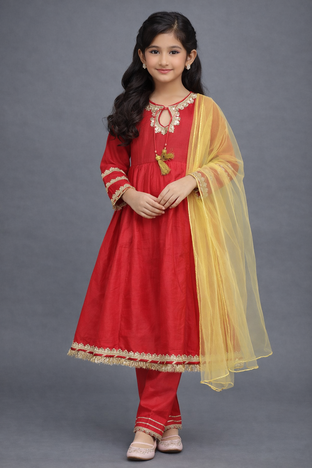 The Magic Wand Woven Three Fourth Sleeves Laced Anarkali Kurta Pant Set With Dupatta  - Coral