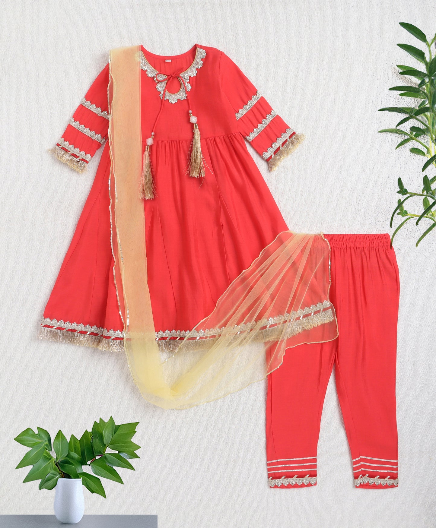 The Magic Wand Woven Three Fourth Sleeves Laced Anarkali Kurta Pant Set With Dupatta  - Coral