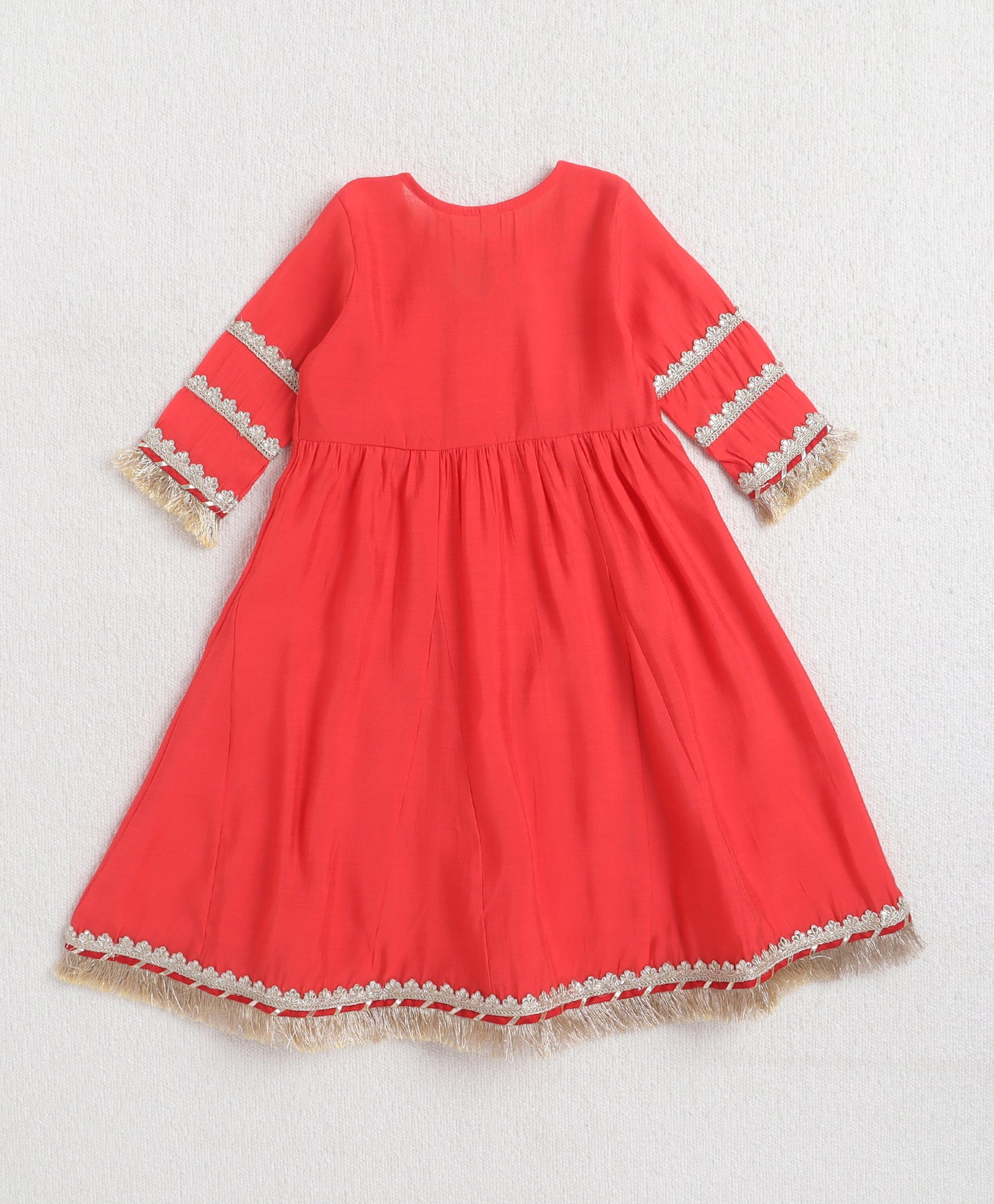 The Magic Wand Woven Three Fourth Sleeves Laced Anarkali Kurta Pant Set With Dupatta  - Coral