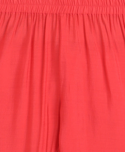 The Magic Wand Woven Three Fourth Sleeves Laced Anarkali Kurta Pant Set With Dupatta  - Coral