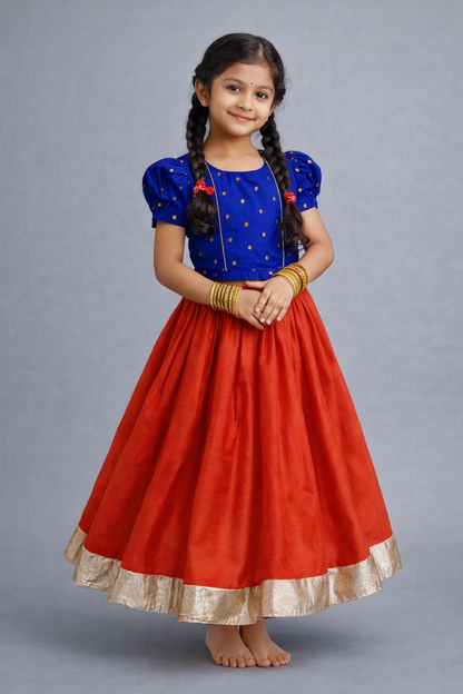 The Magic Wand Woven Zari Butti Puff Sleeves Top & Laced Lehenga Choli Set- Blue