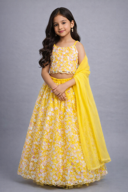 The Magic Wand Net Sequins Embroidered Sleeveless Top With Long Skirt And Dupatta Set - Yellow