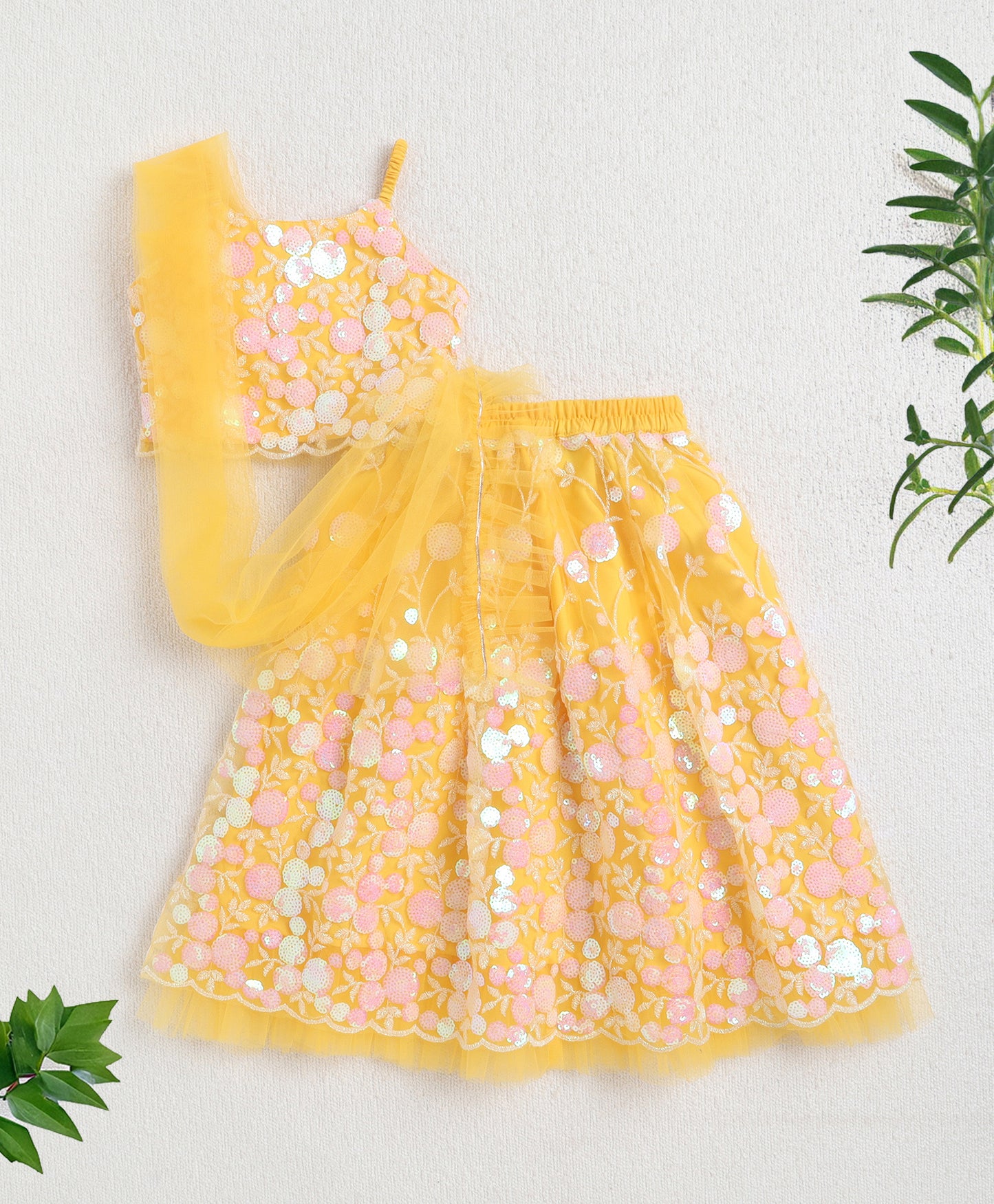 The Magic Wand Net Sequins Embroidered Sleeveless Top With Long Skirt And Dupatta Set - Yellow