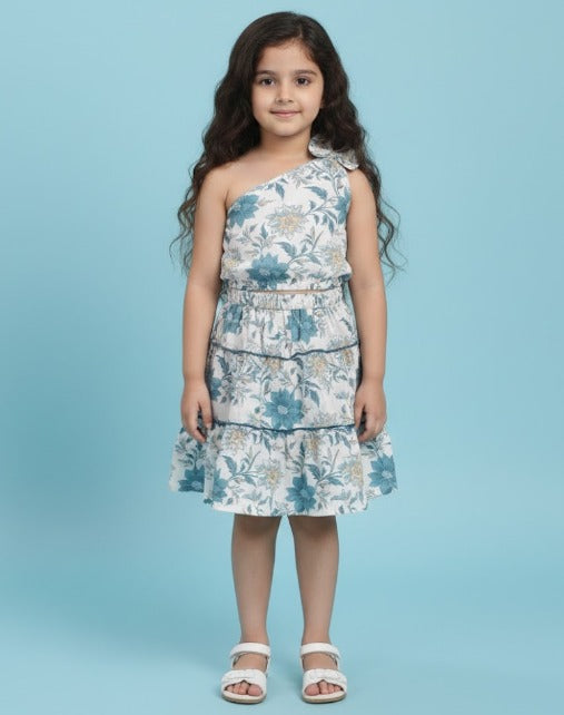 The Magic Wand Cotton Woven One Shoulder Bow Detailed Floral Printed Top With Tiered Skirt Set - Blue
