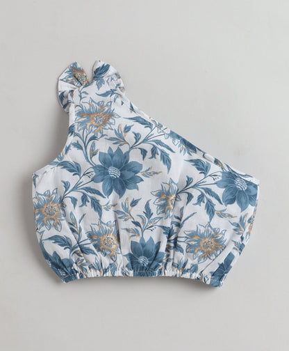 The Magic Wand Cotton Woven One Shoulder Bow Detailed Floral Printed Top With Tiered Skirt Set - Blue