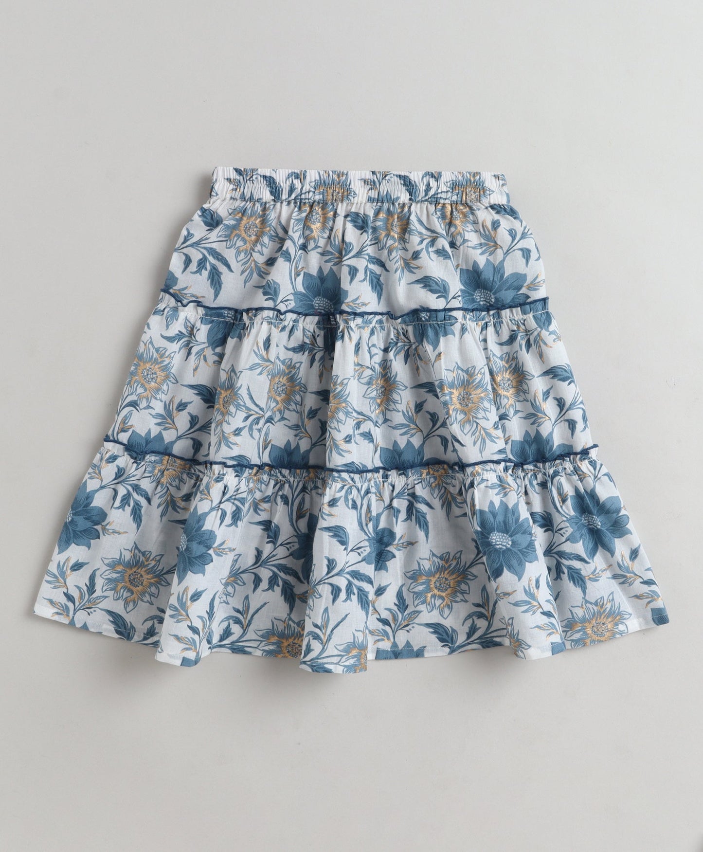 The Magic Wand Cotton Woven One Shoulder Bow Detailed Floral Printed Top With Tiered Skirt Set - Blue