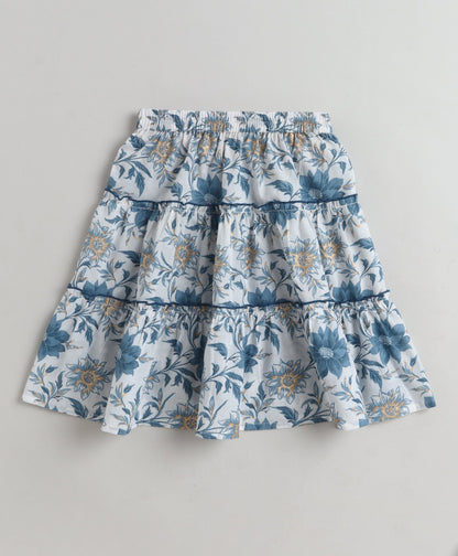 The Magic Wand Cotton Woven One Shoulder Bow Detailed Floral Printed Top With Tiered Skirt Set - Blue