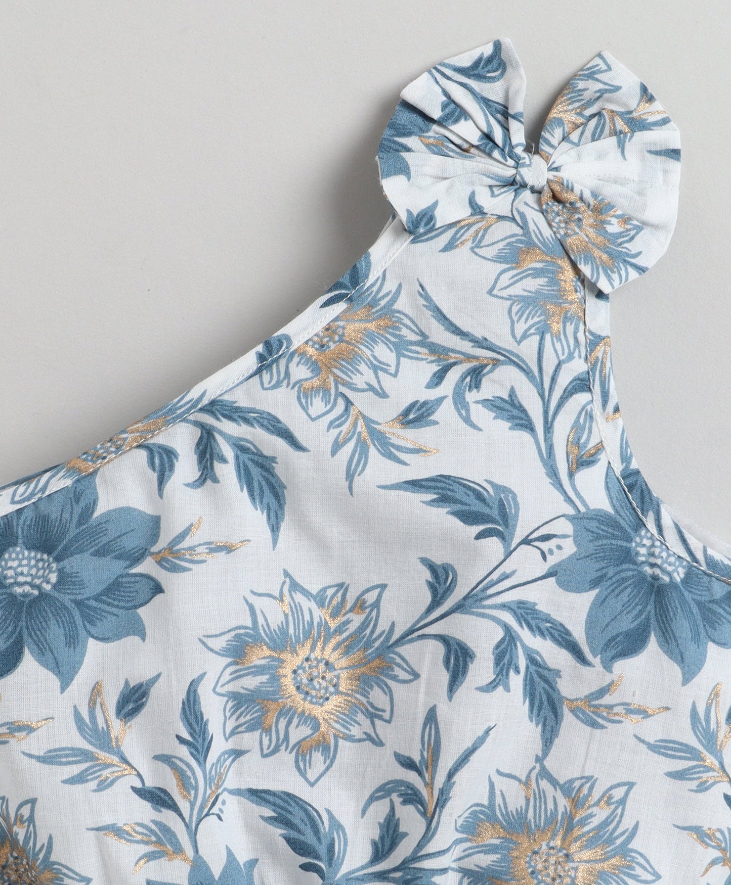 The Magic Wand Cotton Woven One Shoulder Bow Detailed Floral Printed Top With Tiered Skirt Set - Blue