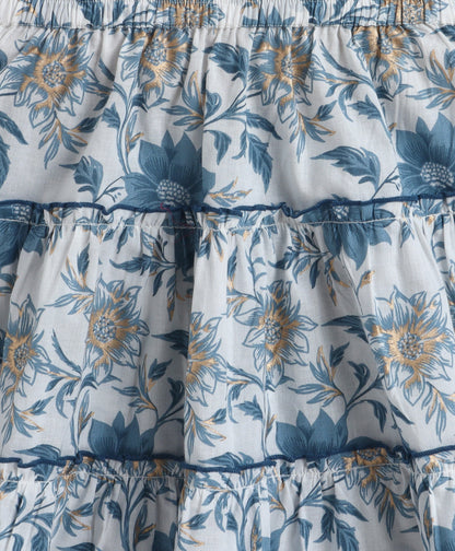 The Magic Wand Cotton Woven One Shoulder Bow Detailed Floral Printed Top With Tiered Skirt Set - Blue