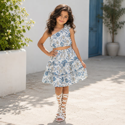 The Magic Wand Cotton Woven One Shoulder Bow Detailed Floral Printed Top With Tiered Skirt Set - Blue