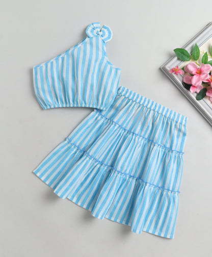 The Magic Wand Cotton Woven One Shoulder Bow Detailed Stripped Printed Top With Tiered Skirt Set -Sky Blue