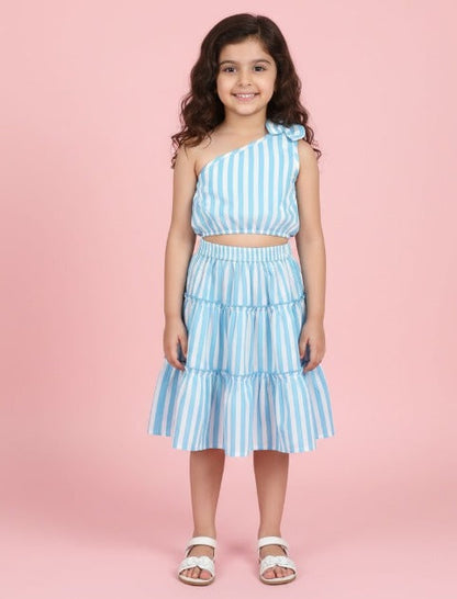 The Magic Wand Cotton Woven One Shoulder Bow Detailed Stripped Printed Top With Tiered Skirt Set -Sky Blue