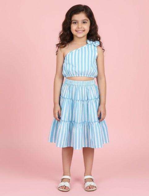The Magic Wand Cotton Woven One Shoulder Bow Detailed Stripped Printed Top With Tiered Skirt Set -Sky Blue