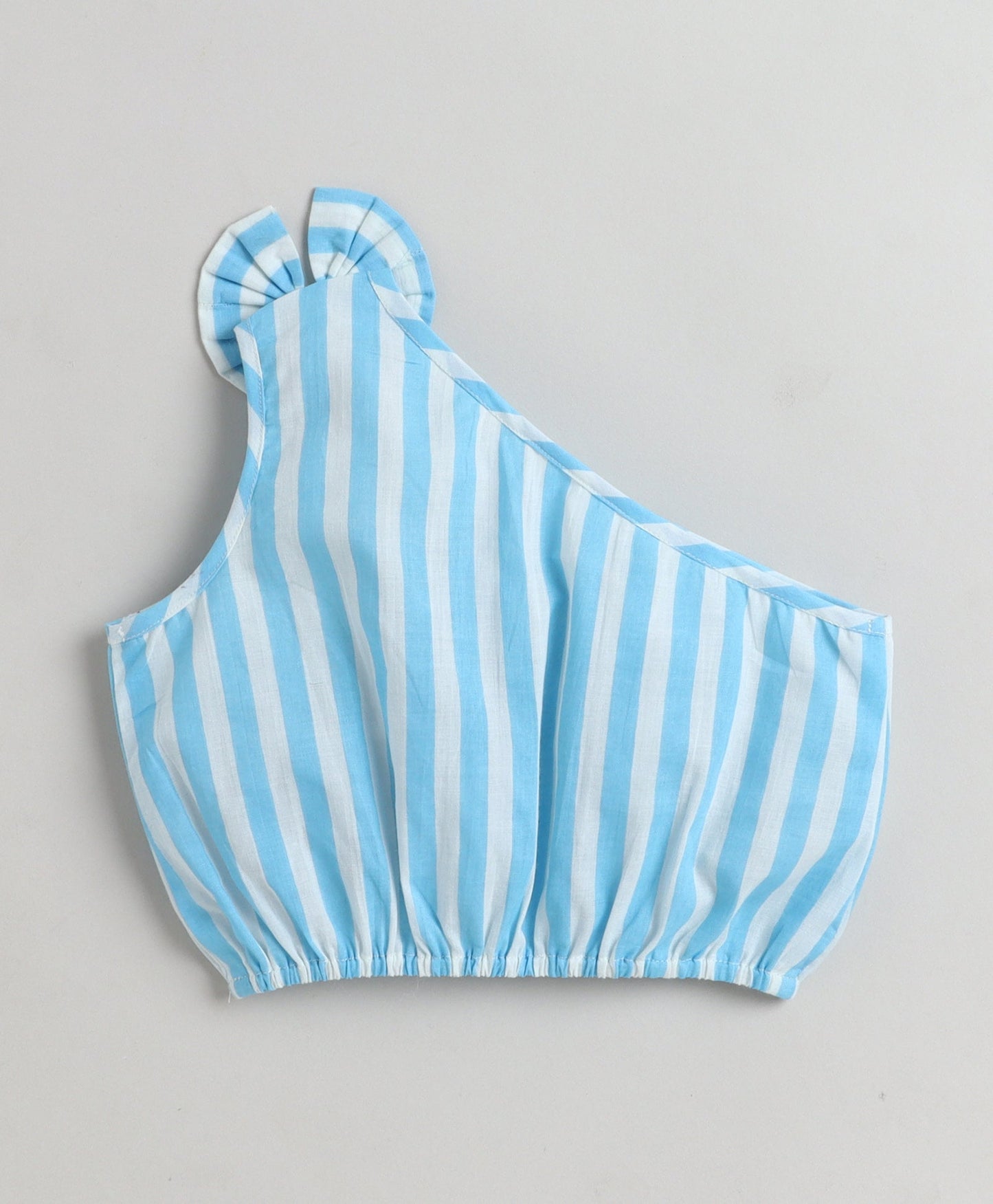 The Magic Wand Cotton Woven One Shoulder Bow Detailed Stripped Printed Top With Tiered Skirt Set -Sky Blue
