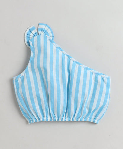 The Magic Wand Cotton Woven One Shoulder Bow Detailed Stripped Printed Top With Tiered Skirt Set -Sky Blue