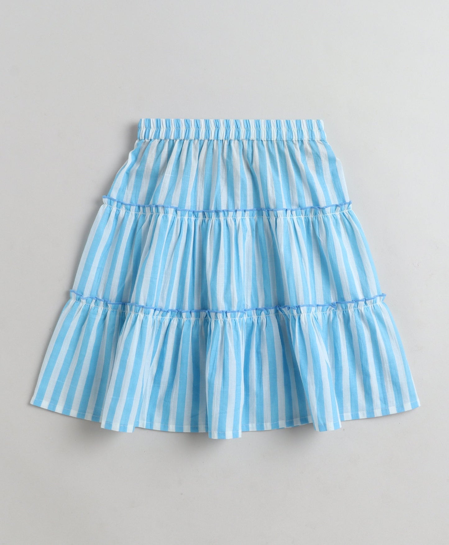The Magic Wand Cotton Woven One Shoulder Bow Detailed Stripped Printed Top With Tiered Skirt Set -Sky Blue