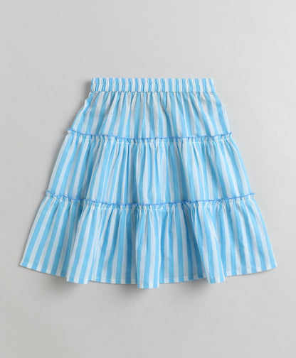 The Magic Wand Cotton Woven One Shoulder Bow Detailed Stripped Printed Top With Tiered Skirt Set -Sky Blue