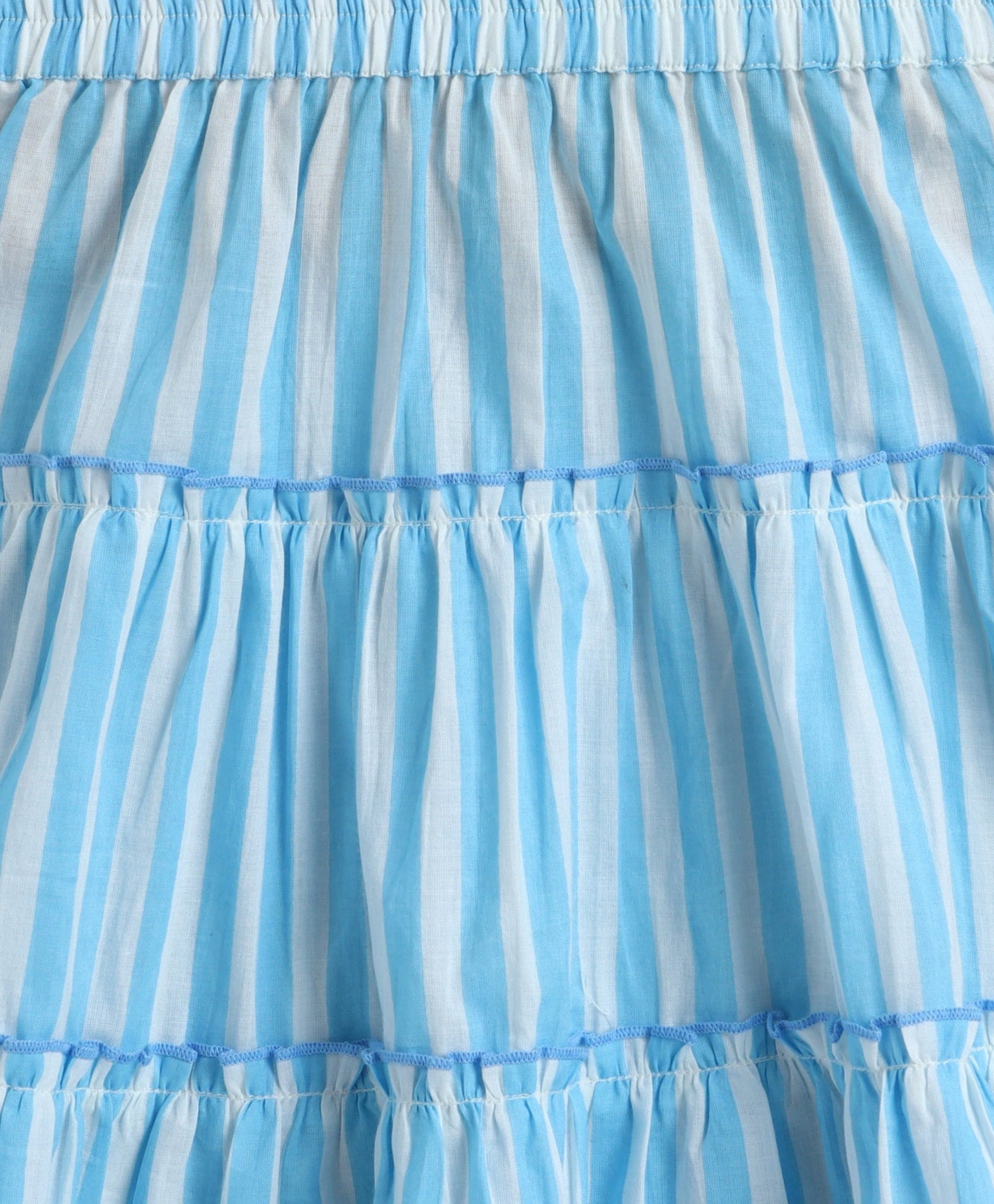 The Magic Wand Cotton Woven One Shoulder Bow Detailed Stripped Printed Top With Tiered Skirt Set -Sky Blue