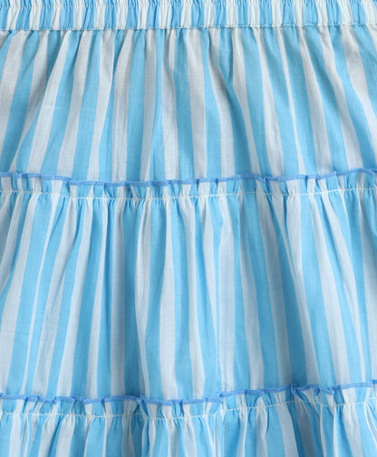 The Magic Wand Cotton Woven One Shoulder Bow Detailed Stripped Printed Top With Tiered Skirt Set -Sky Blue