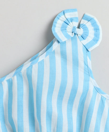 The Magic Wand Cotton Woven One Shoulder Bow Detailed Stripped Printed Top With Tiered Skirt Set -Sky Blue