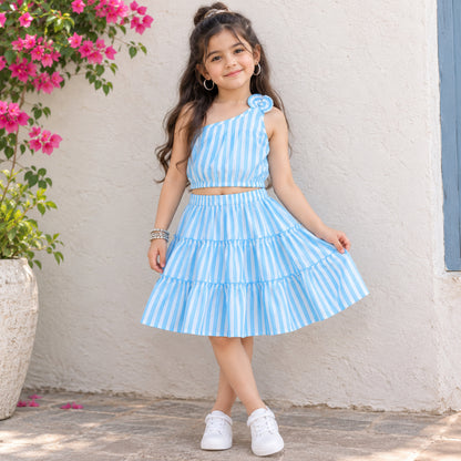 The Magic Wand Cotton Woven One Shoulder Bow Detailed Stripped Printed Top With Tiered Skirt Set -Sky Blue