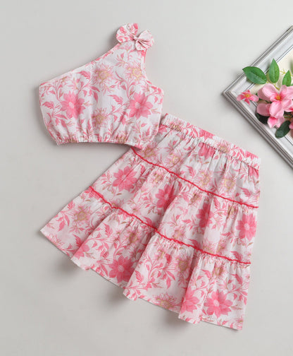 The Magic Wand Cotton Woven One Shoulder Bow Detailed Floral Printed Top With Tiered Skirt Set - Pink