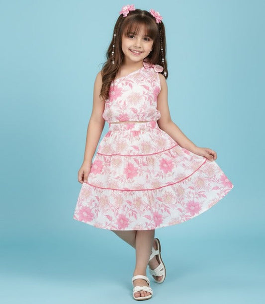 The Magic Wand Cotton Woven One Shoulder Bow Detailed Floral Printed Top With Tiered Skirt Set - Pink
