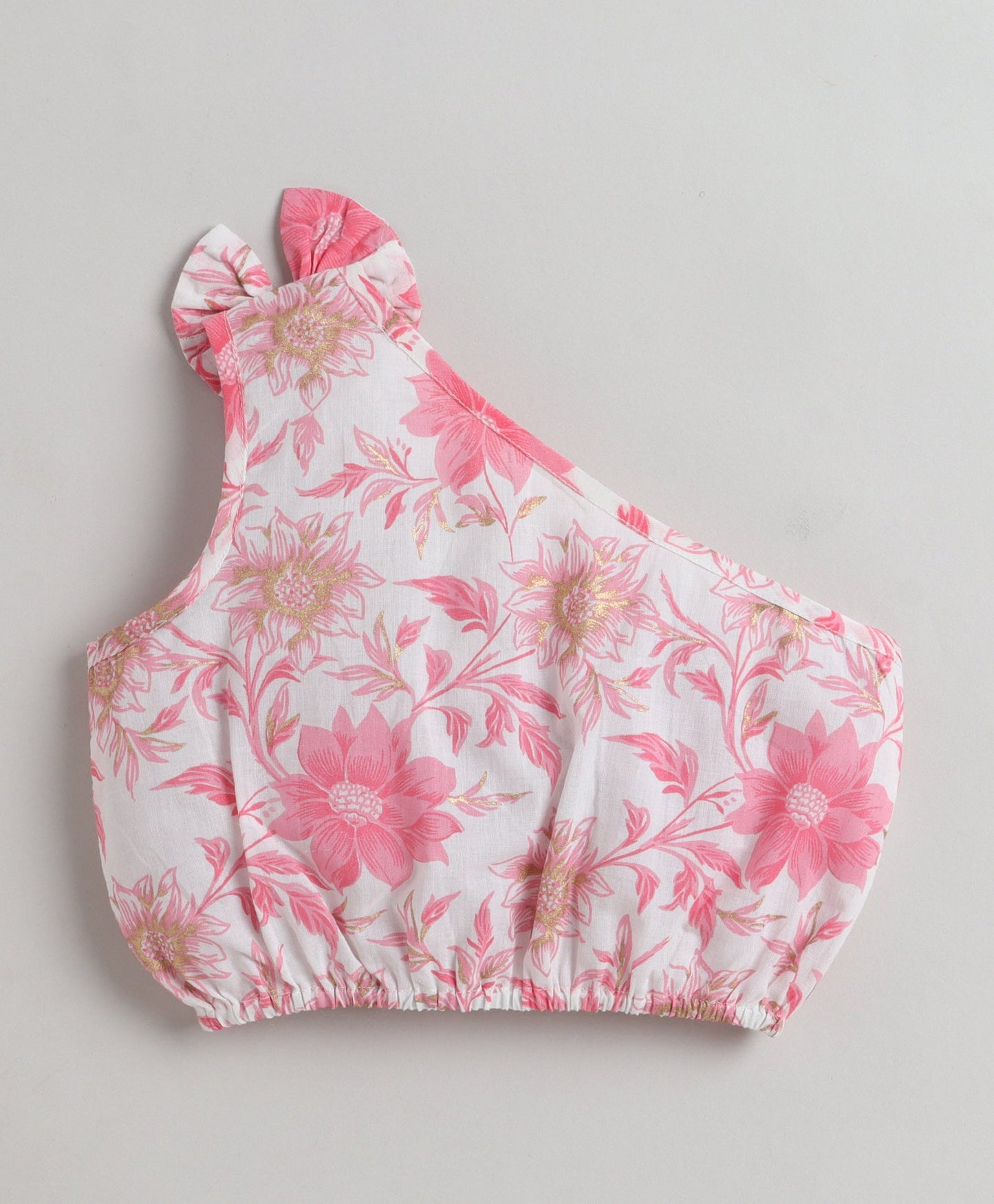 The Magic Wand Cotton Woven One Shoulder Bow Detailed Floral Printed Top With Tiered Skirt Set - Pink