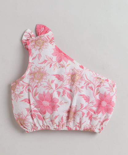 The Magic Wand Cotton Woven One Shoulder Bow Detailed Floral Printed Top With Tiered Skirt Set - Pink