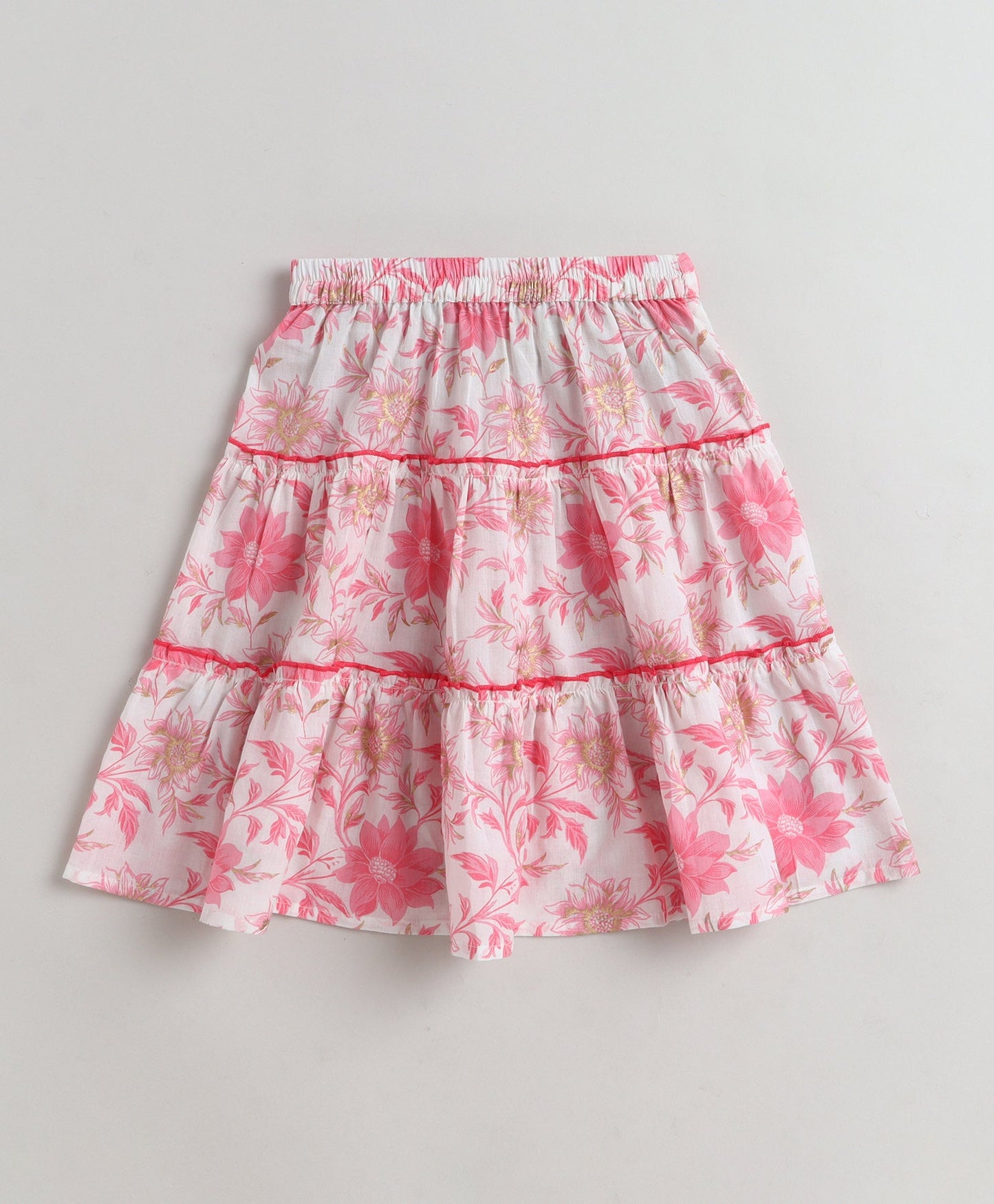 The Magic Wand Cotton Woven One Shoulder Bow Detailed Floral Printed Top With Tiered Skirt Set - Pink