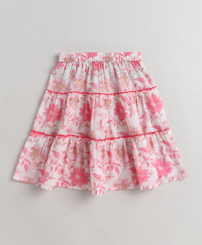 The Magic Wand Cotton Woven One Shoulder Bow Detailed Floral Printed Top With Tiered Skirt Set - Pink