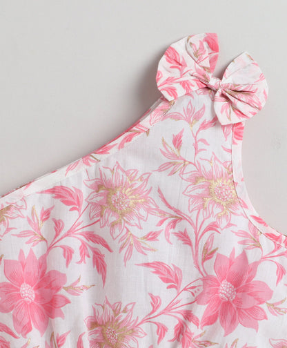 The Magic Wand Cotton Woven One Shoulder Bow Detailed Floral Printed Top With Tiered Skirt Set - Pink