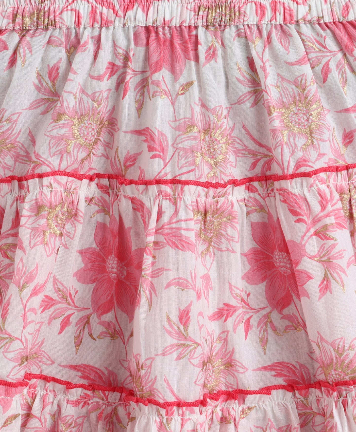 The Magic Wand Cotton Woven One Shoulder Bow Detailed Floral Printed Top With Tiered Skirt Set - Pink