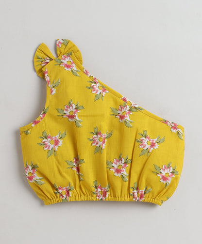 The Magic Wand Cotton Woven One Shoulder Bow Detailed Floral Printed Top With Tiered Skirt Set - Yellow