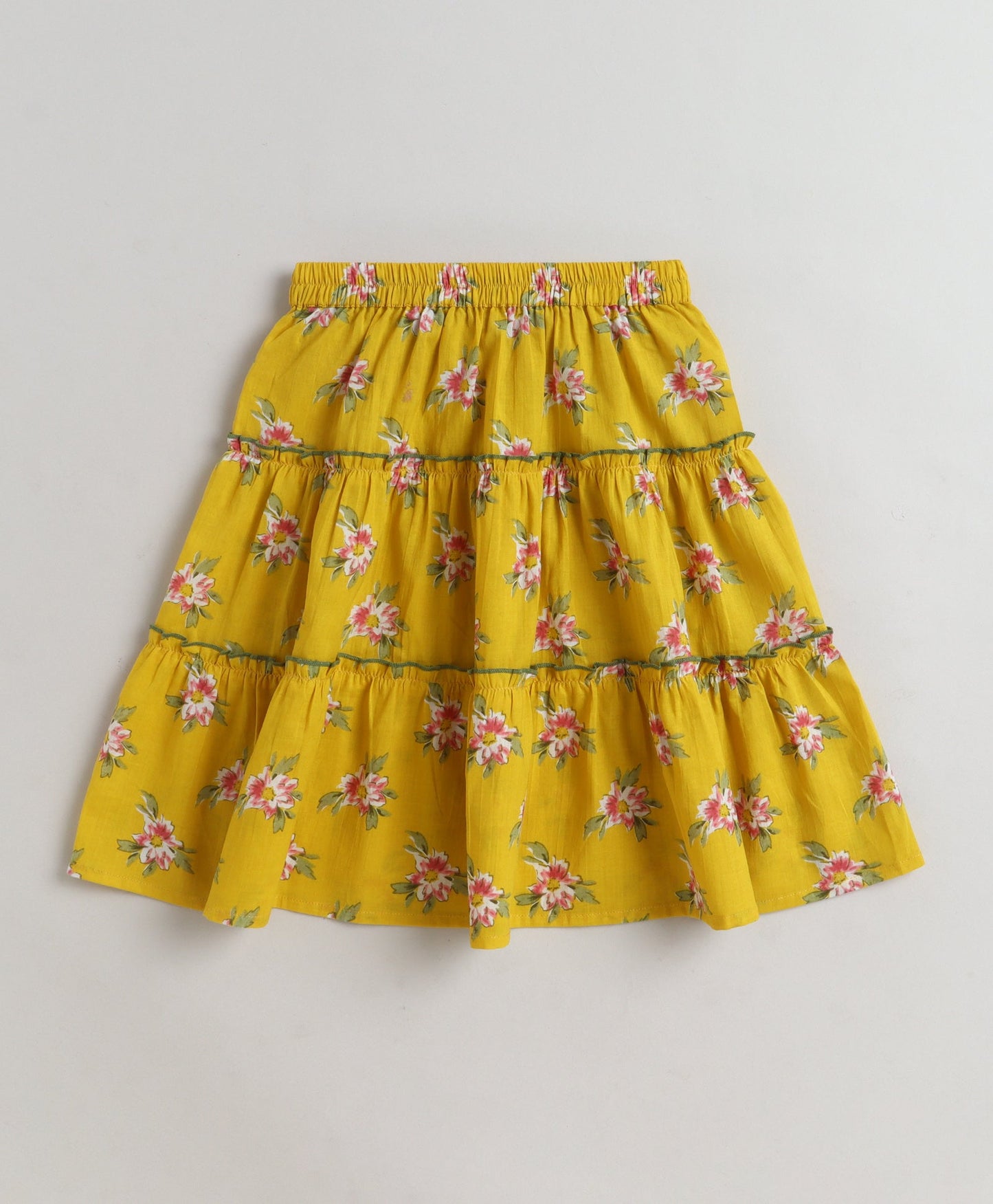 The Magic Wand Cotton Woven One Shoulder Bow Detailed Floral Printed Top With Tiered Skirt Set - Yellow