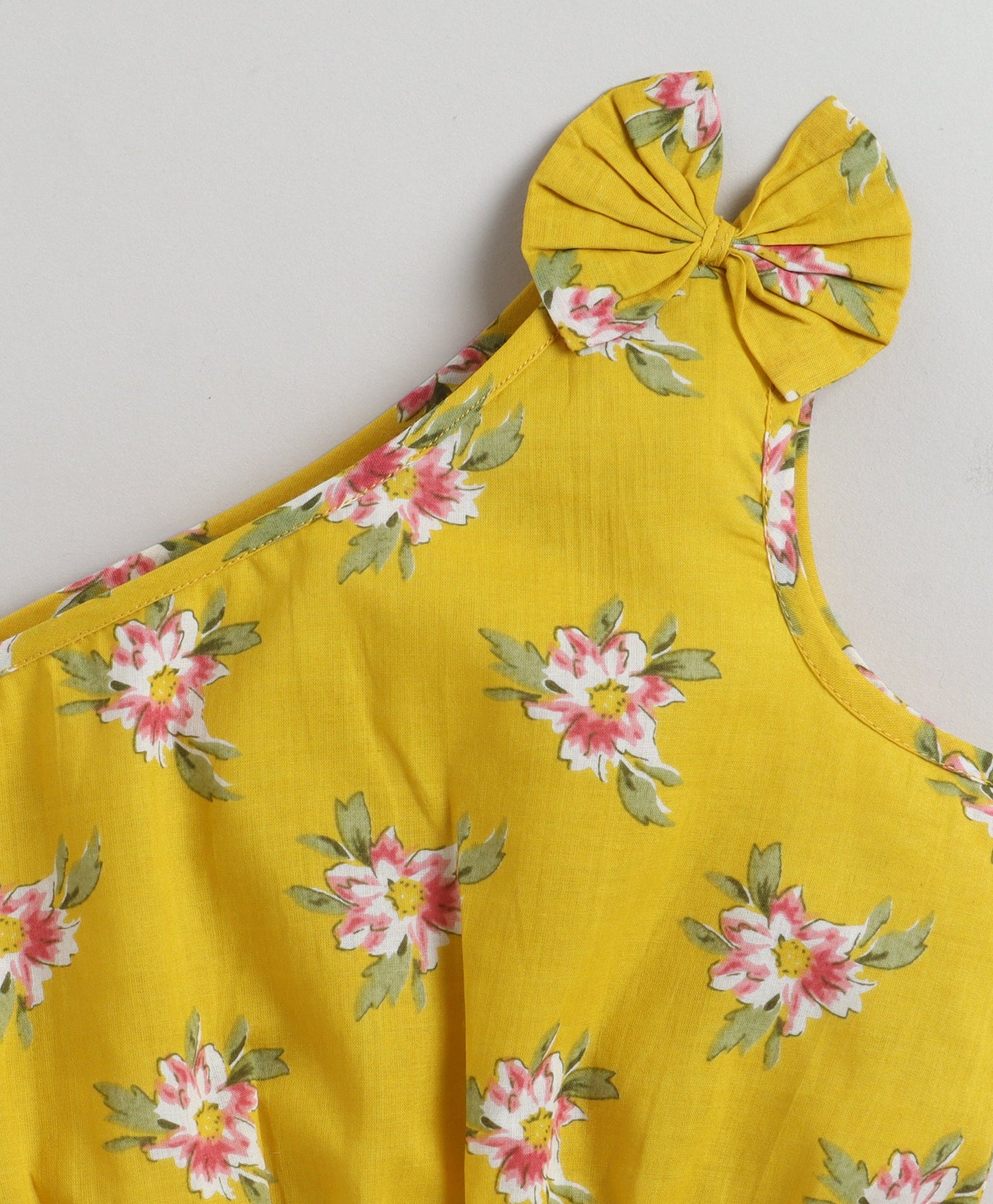 The Magic Wand Cotton Woven One Shoulder Bow Detailed Floral Printed Top With Tiered Skirt Set - Yellow