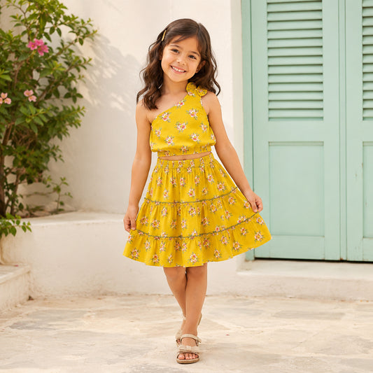 The Magic Wand Cotton Woven One Shoulder Bow Detailed Floral Printed Top With Tiered Skirt Set - Yellow