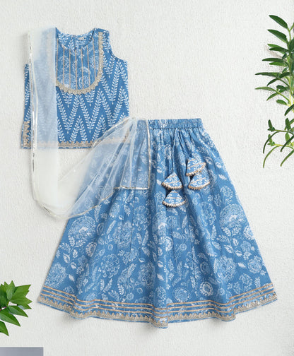 The Magic Wand Cotton Woven Sleeveless Floral Printed Lace Detail Lehenga Choli Set With Dupatta - Blue