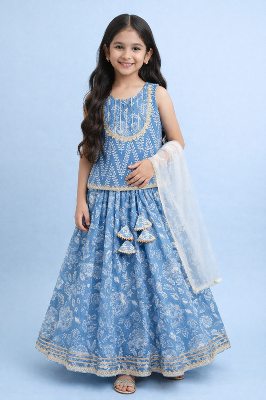The Magic Wand Cotton Woven Sleeveless Floral Printed Lace Detail Lehenga Choli Set With Dupatta - Blue