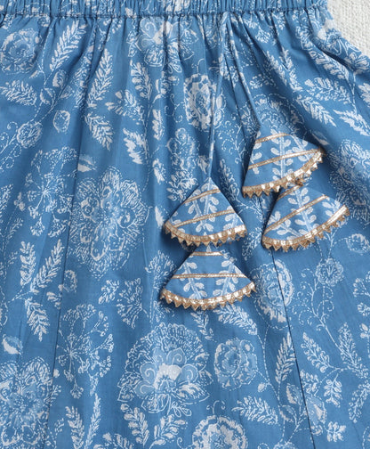 The Magic Wand Cotton Woven Sleeveless Floral Printed Lace Detail Lehenga Choli Set With Dupatta - Blue