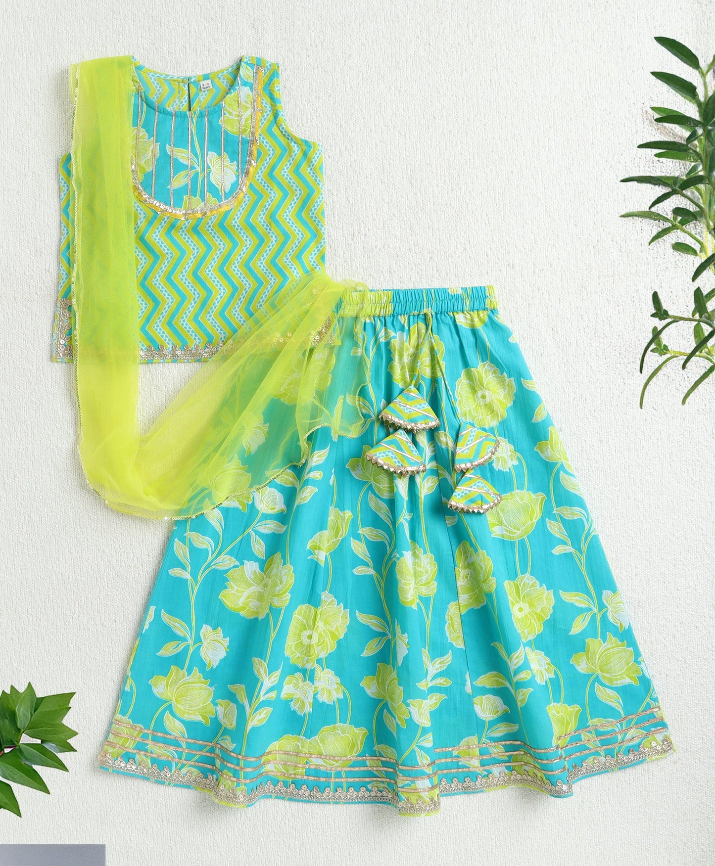 The Magic Wand Cotton Woven Sleeveless Zig Zag Printed Lace Detail Choli & Floral Printed Lehenga Set With Dupatta - Green