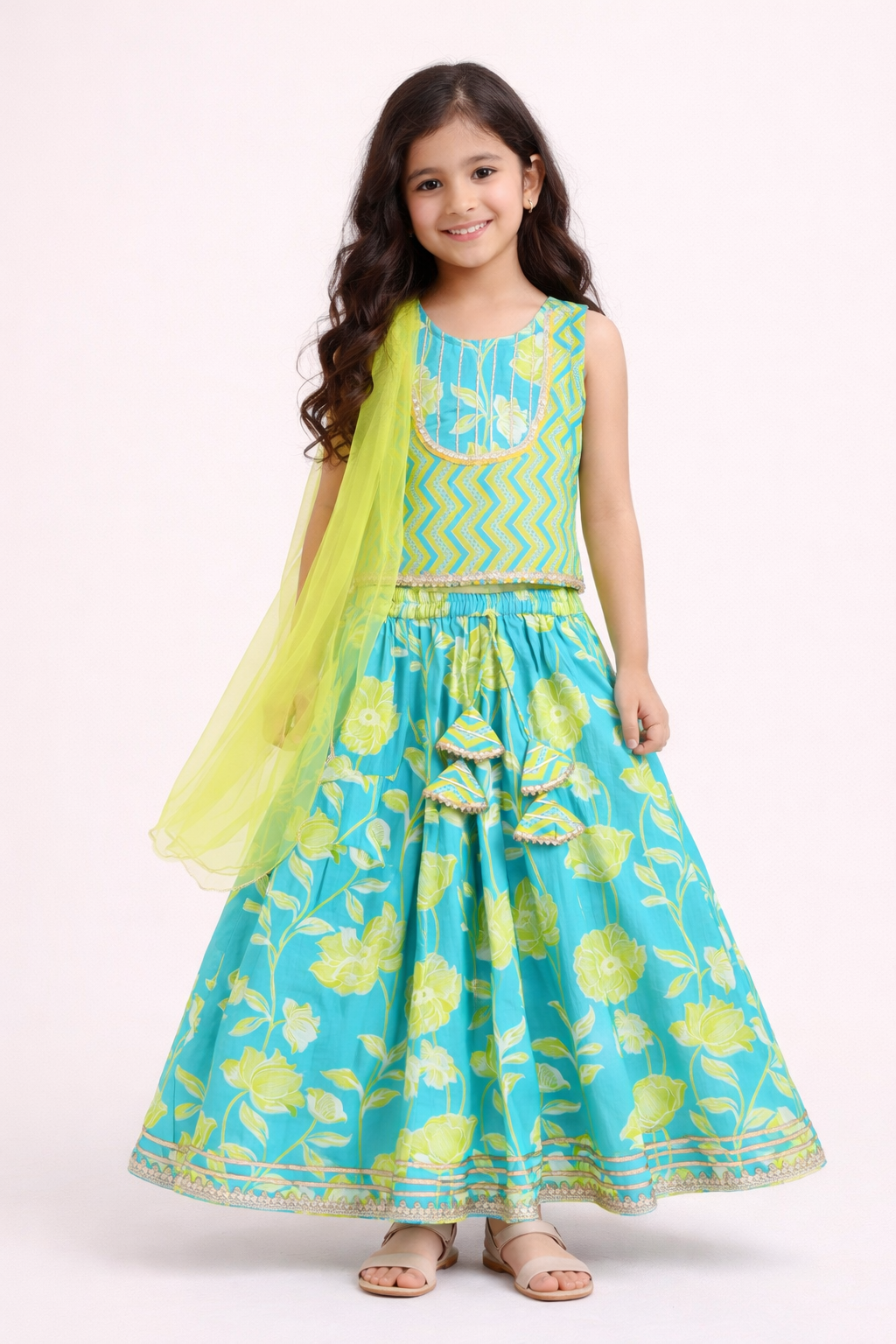 The Magic Wand Cotton Woven Sleeveless Zig Zag Printed Lace Detail Choli & Floral Printed Lehenga Set With Dupatta - Green