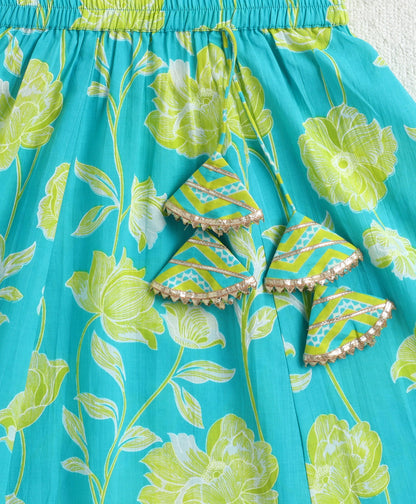 The Magic Wand Cotton Woven Sleeveless Zig Zag Printed Lace Detail Choli & Floral Printed Lehenga Set With Dupatta - Green