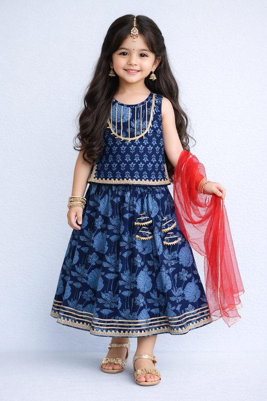 The Magic Wand Cotton Woven Sleeveless Floral Printed Lace Detail Lehenga Choli Set With Dupatta - Navy Blue