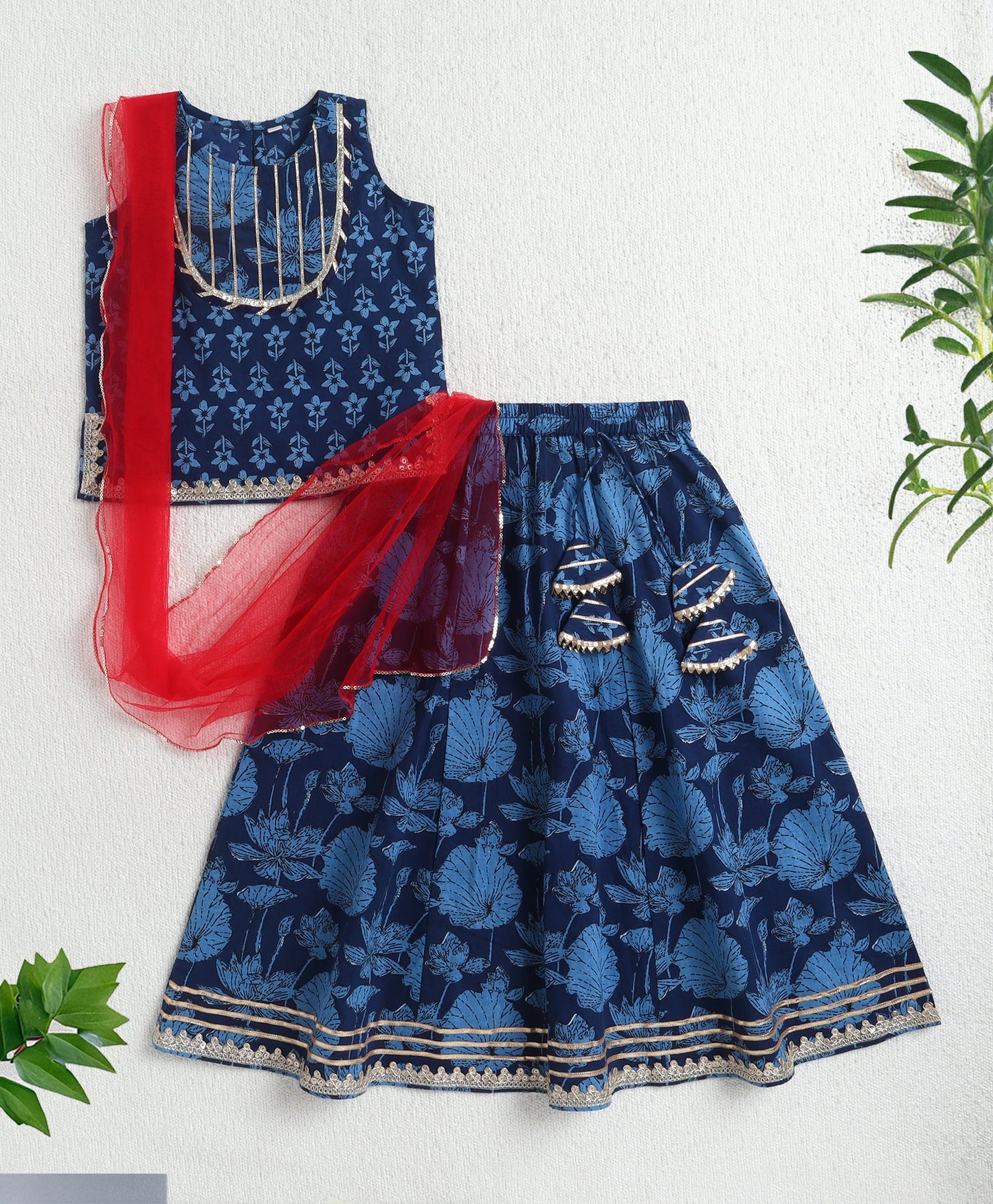The Magic Wand Cotton Woven Sleeveless Floral Printed Lace Detail Lehenga Choli Set With Dupatta - Navy Blue