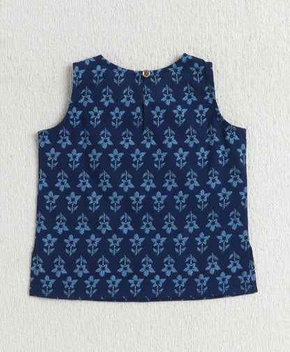 The Magic Wand Cotton Woven Sleeveless Floral Printed Lace Detail Lehenga Choli Set With Dupatta - Navy Blue
